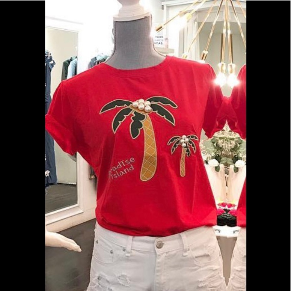 Red Sleeve tee with palms. New No Tag